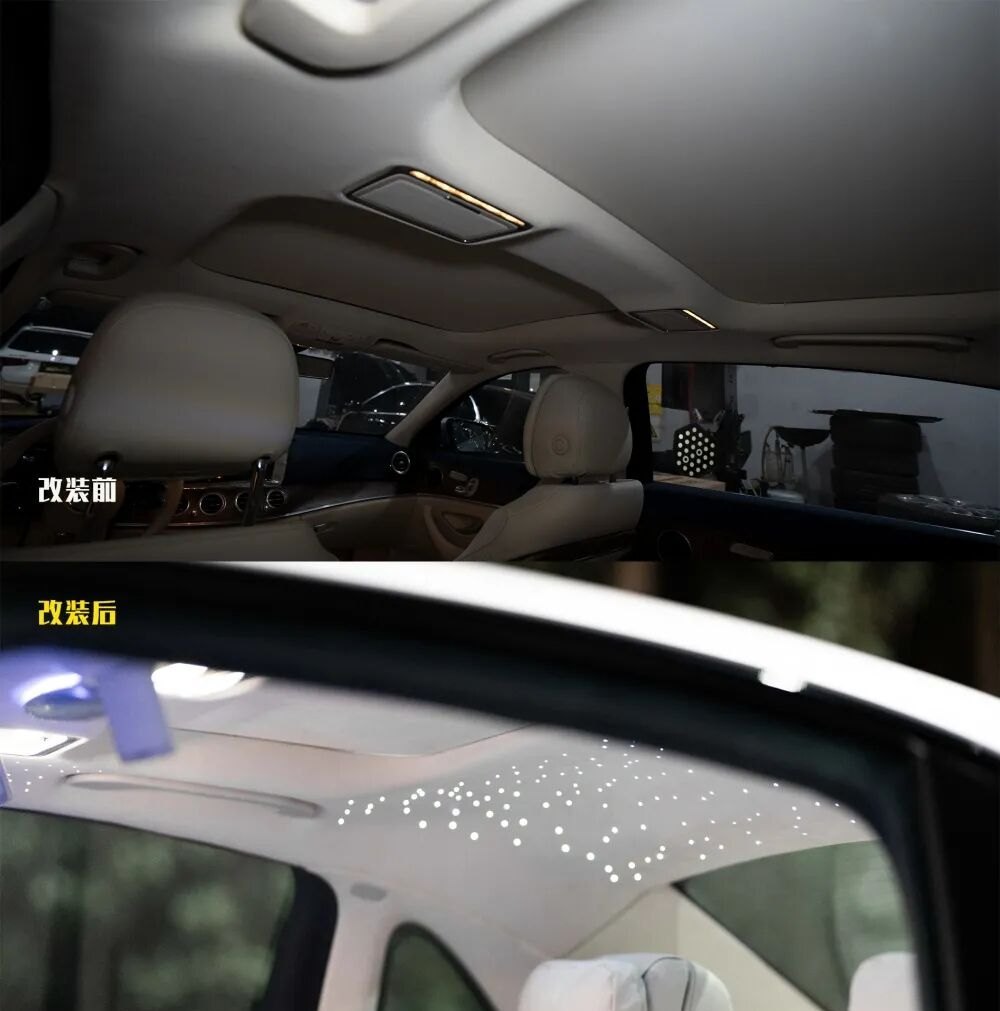 星空顶改装前后的对比；顶棚区域涉及星空顶与顶棚音响两项施工，方案阶段应一并考虑拆装范围与位置配合